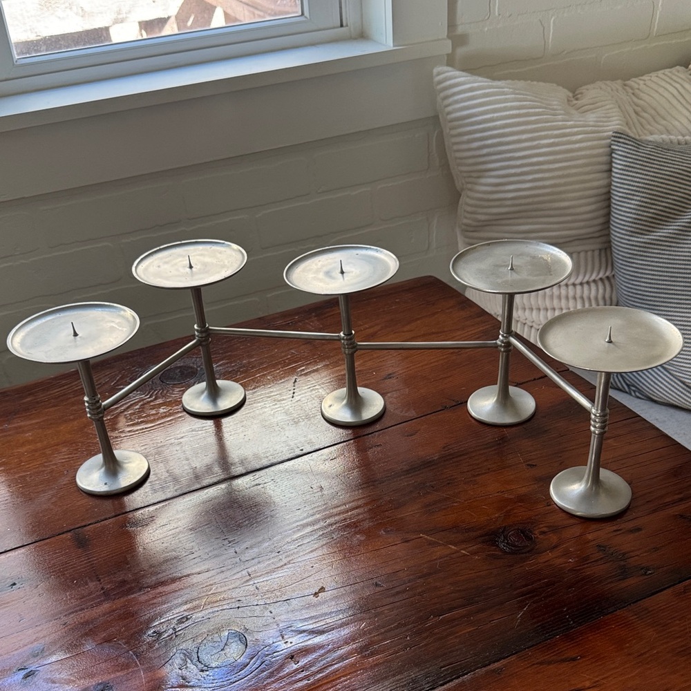 Vintage POTTERY BARN PEWTER 5- Pillar CANDLE HOLDER HINGED